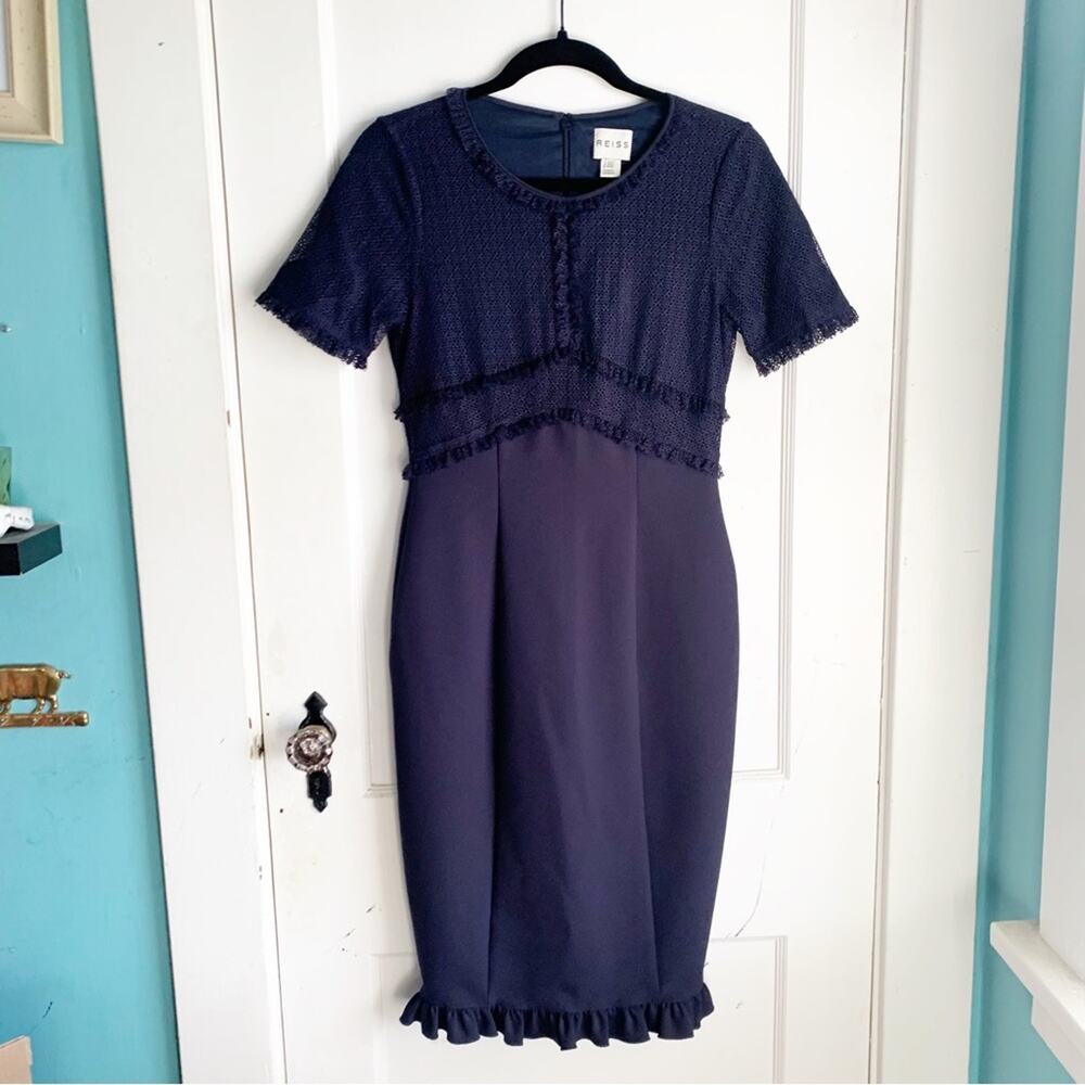 REISS Lace Top Short Sleeve Navy Pencil Dress Ruffle Bottom Skirt Cocktail Work